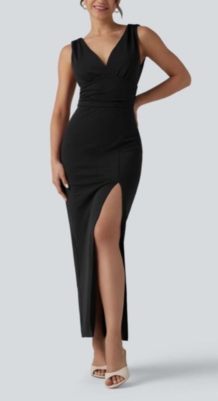 Halara Black Sleeveless Maxi Dress XL Built In Bra Side Slit Stretch NWT
